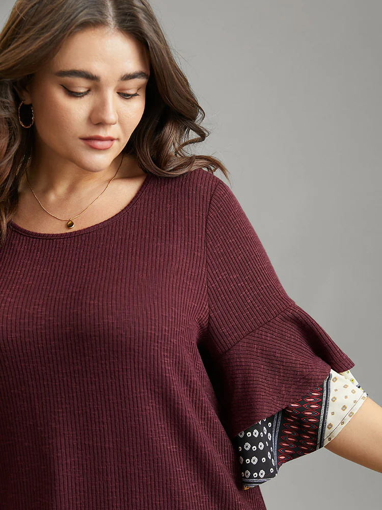 Textured Tiered Ruffle Sleeve Patchwork Boho Print T-shirt - Image 5