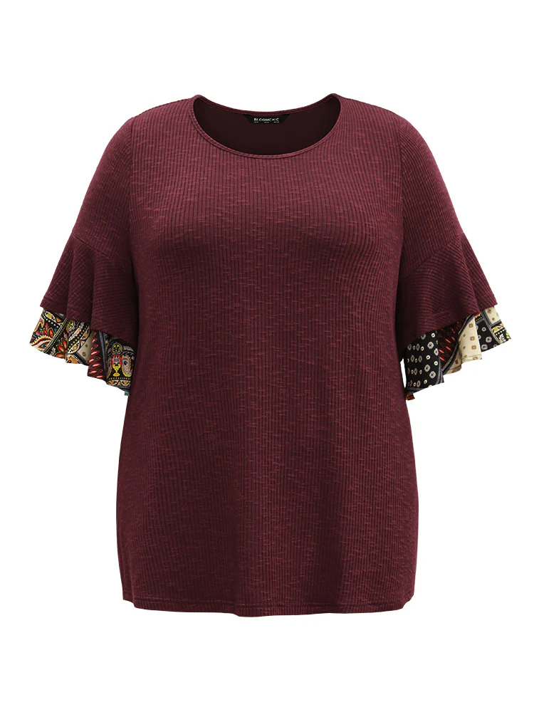 Textured Tiered Ruffle Sleeve Patchwork Boho Print T-shirt - Image 6