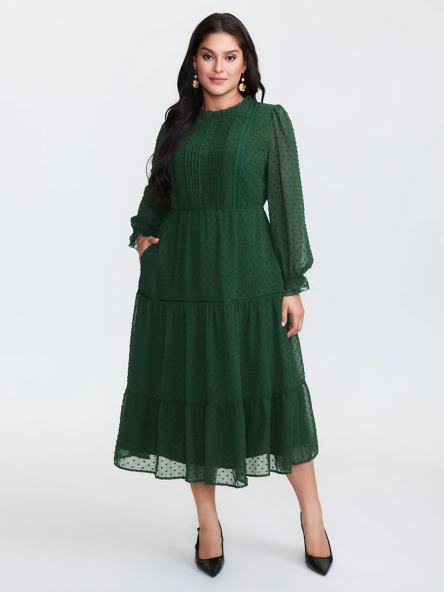 Textured Tiered Ruffled Neckline Midi Dress - Image 3