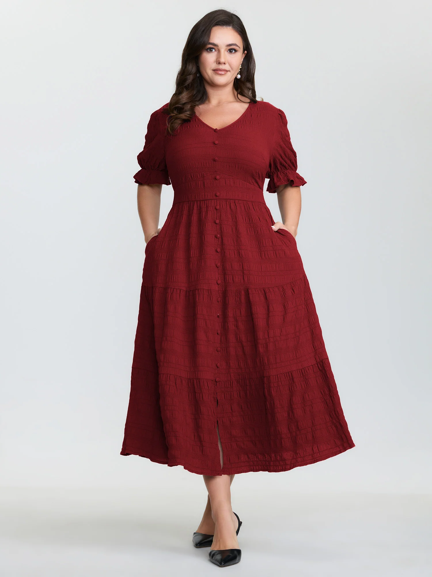 Textured Triangular Cinched-Waist Tiered Maxi Dress - Image 10