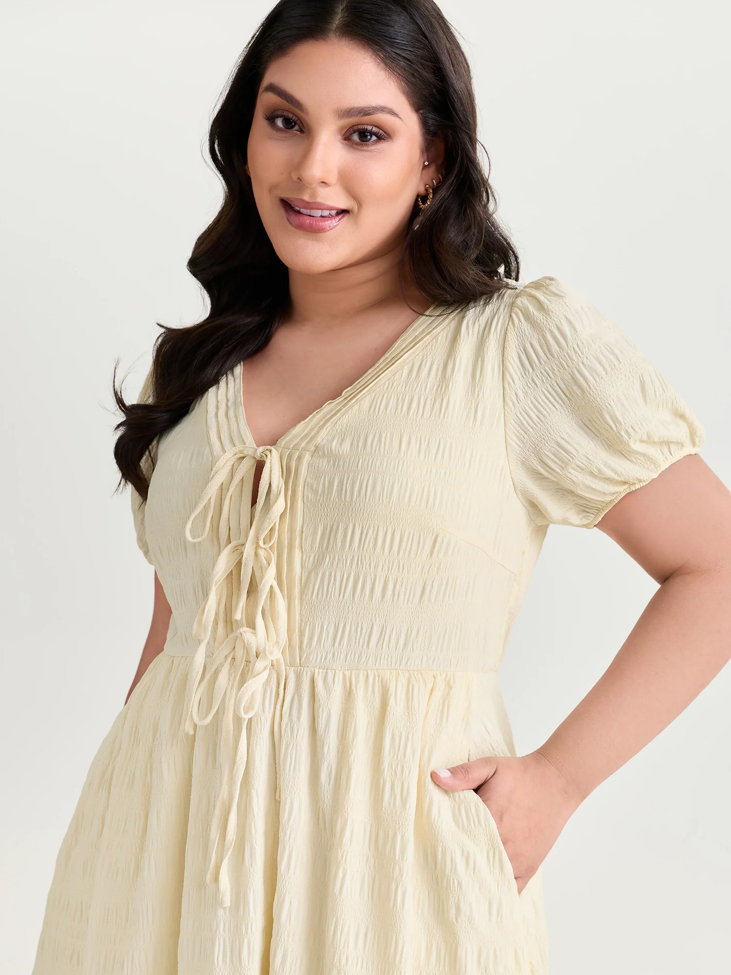 Textured Triple Front Tie Midi Dress - Image 2