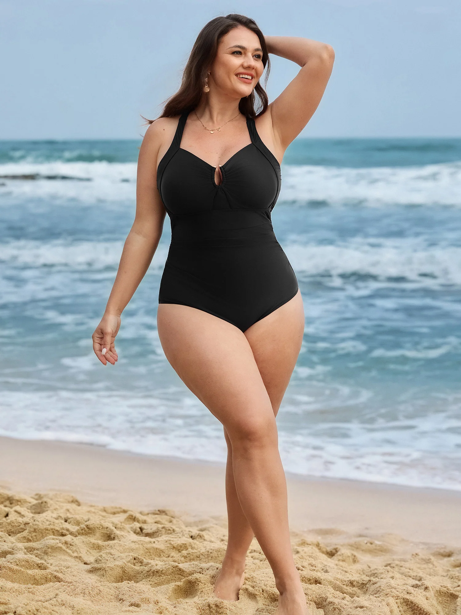 Glossy Fabric Ruched Tummy-Control One-Piece Swimsuit - Image 3