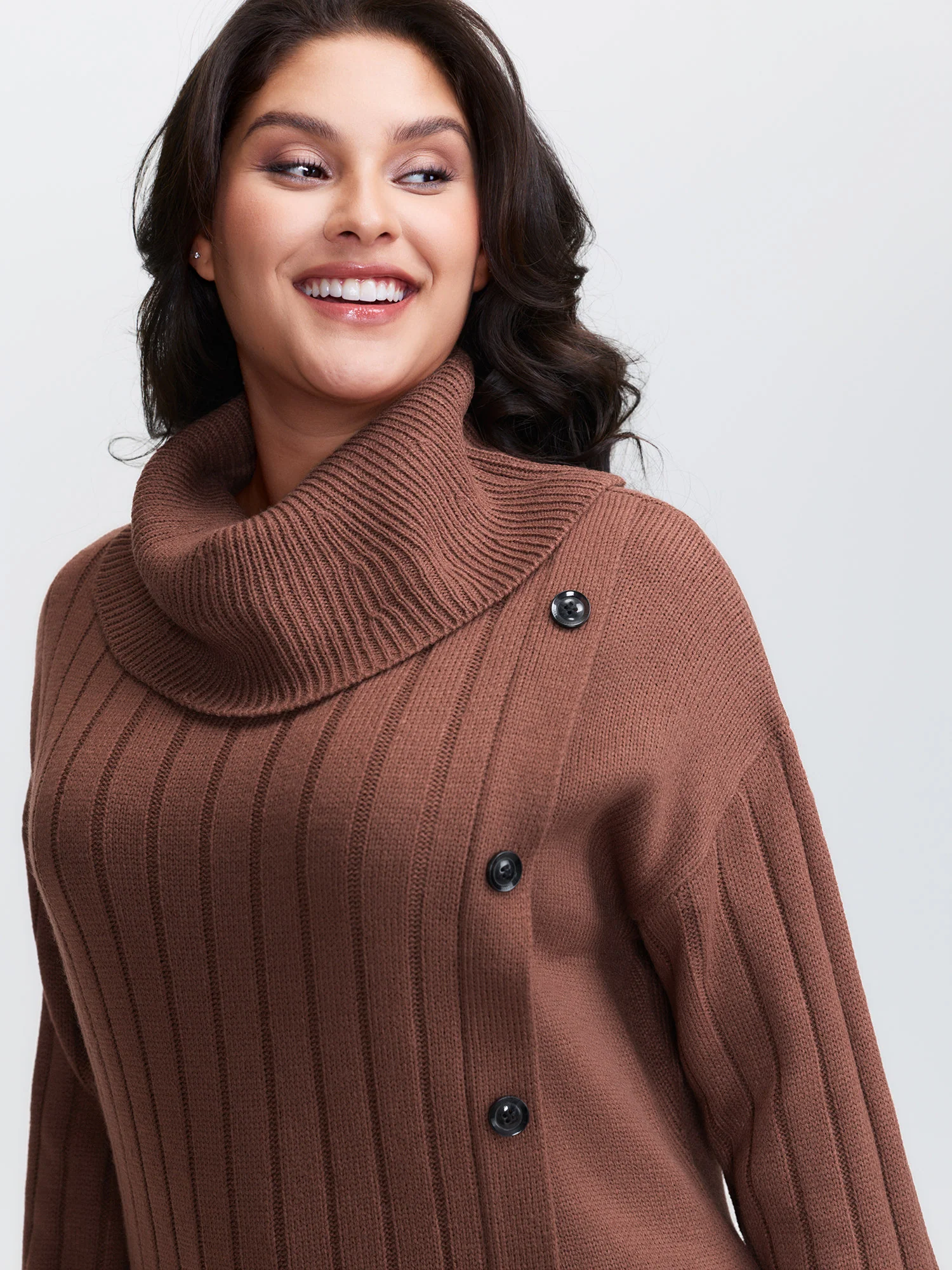 Textured Turtleneck Button Wrap Sweater Dress - Image 2