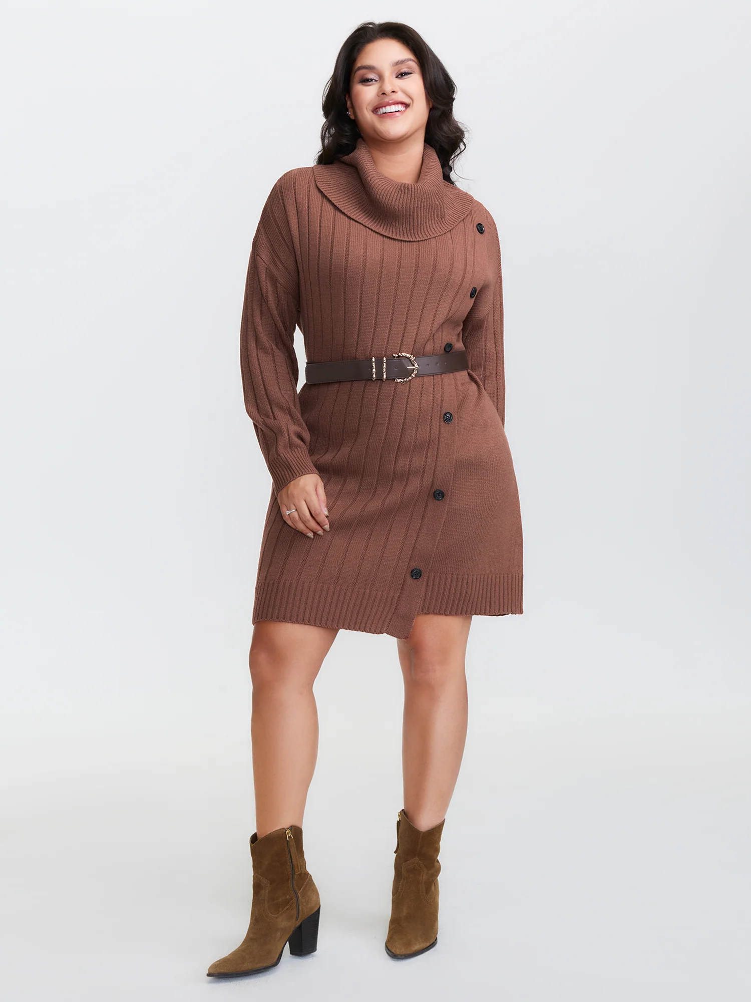 Textured Turtleneck Button Wrap Sweater Dress - Image 3