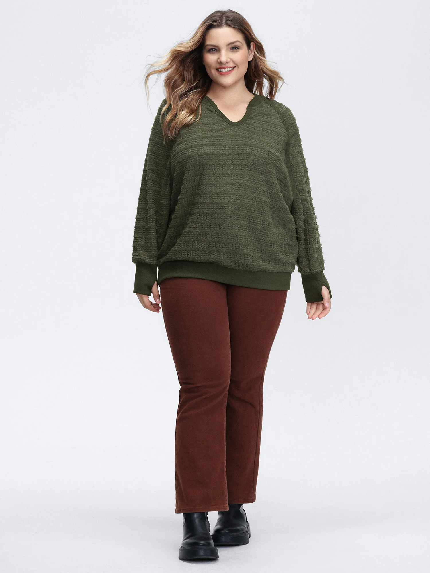 Textured V-Neck Dolman Sleeve Sweatshirt - Image 3