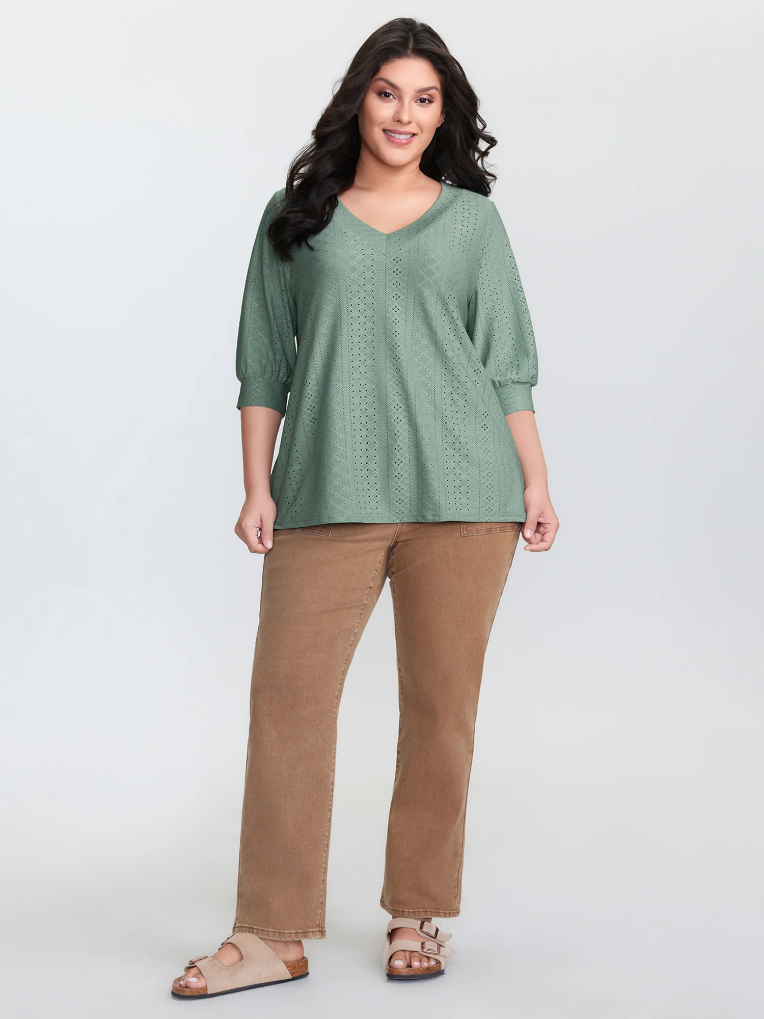 Textured V-Neck Eyelet Loose Fit T-Shirt - Image 2