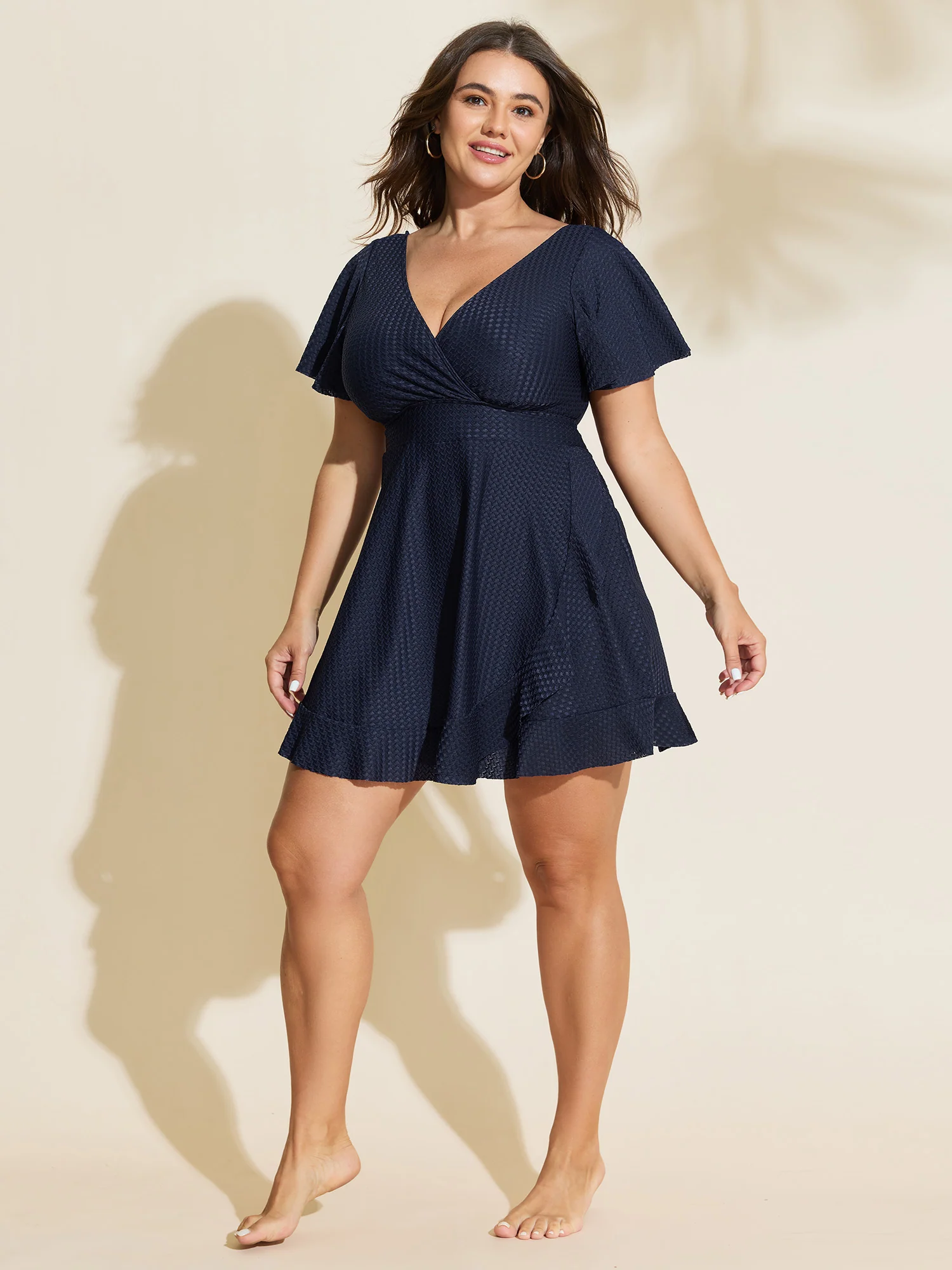 Textured V-Neck Ruffled Sleeve Swim Dress - Image 3