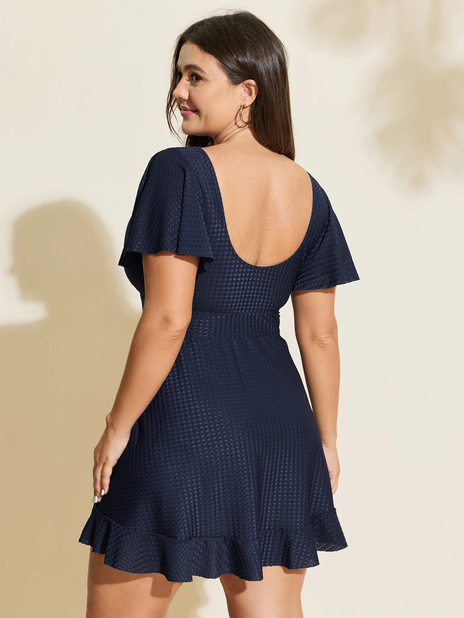 Textured V-Neck Ruffled Sleeve Swim Dress - Image 5