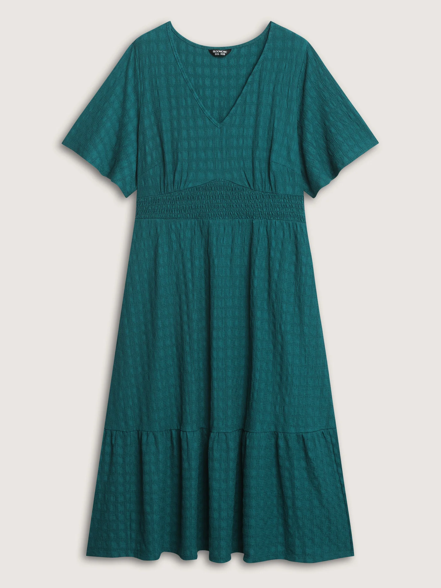 Textured V-Neck Shirred Waist Midi Dress - Image 8