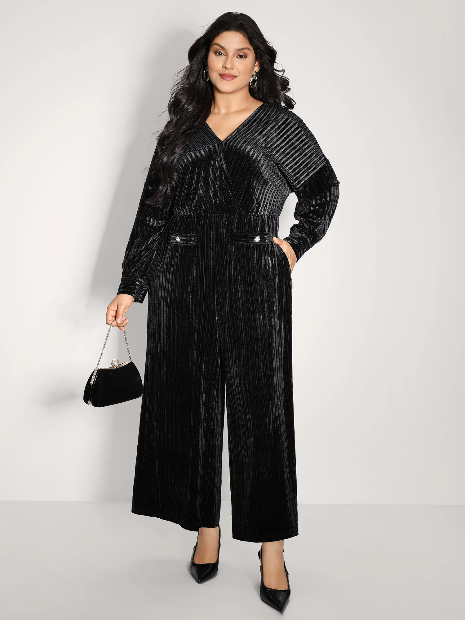 Textured Velvet Sheer Back Pockets Jumpsuit - Image 3