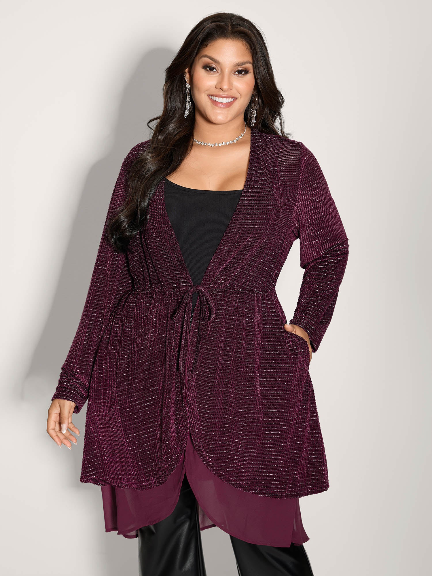 Textured Velvet Spliced Front-Tie Jacket - Image 2