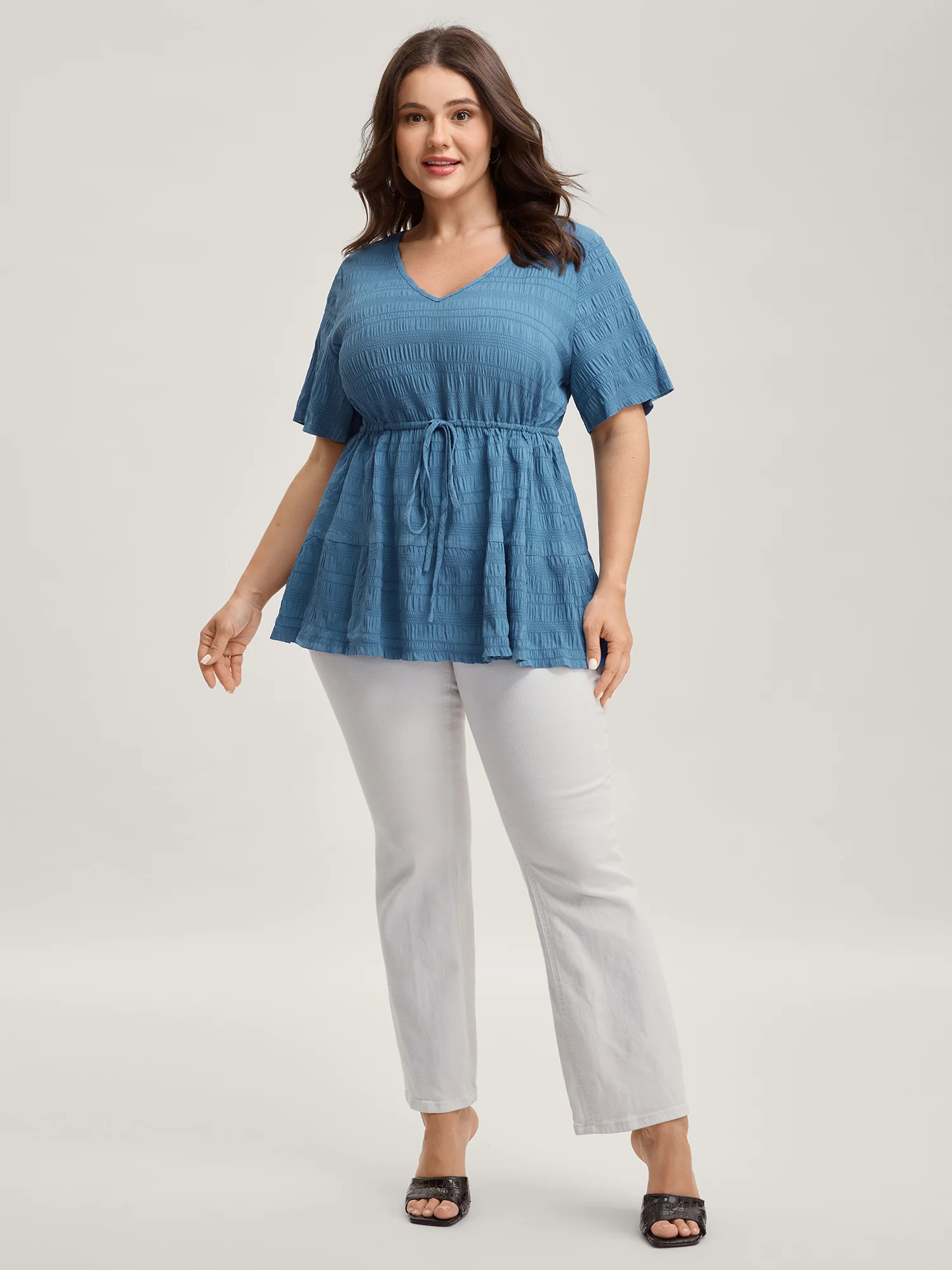Textured Waist-Cinching Tiered Blouse - Image 3