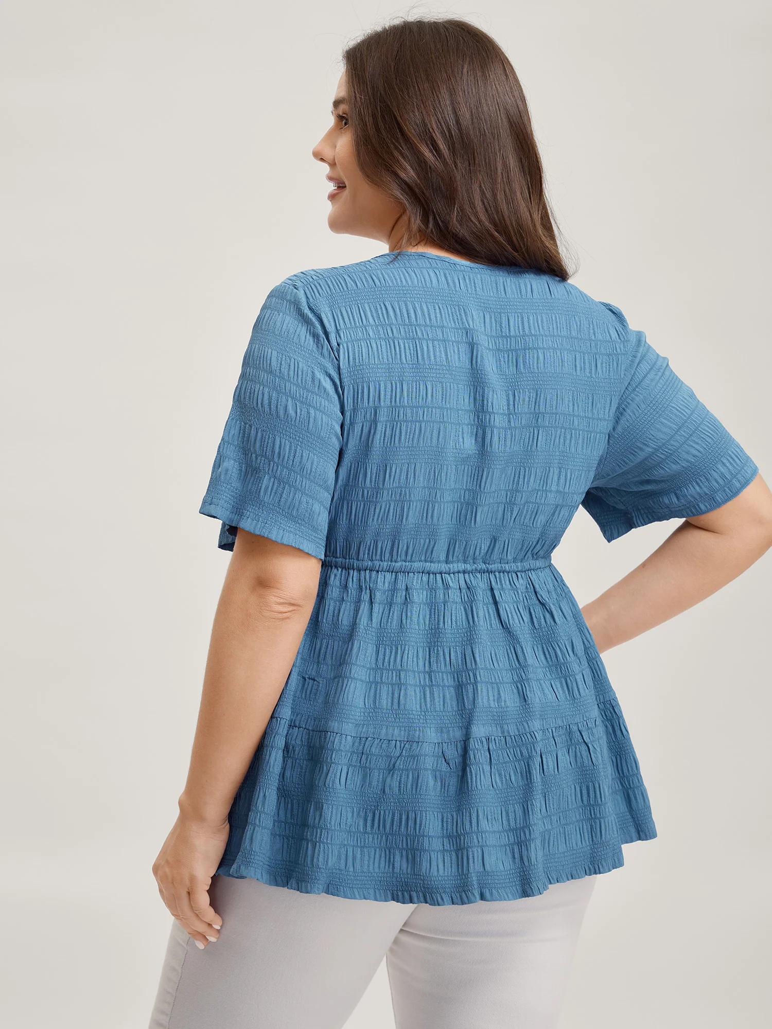Textured Waist-Cinching Tiered Blouse - Image 4