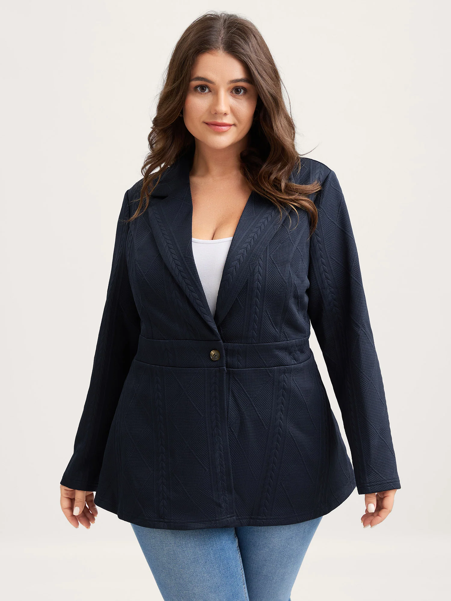 Textured Waist-Defining Solid Blazer - Image 2