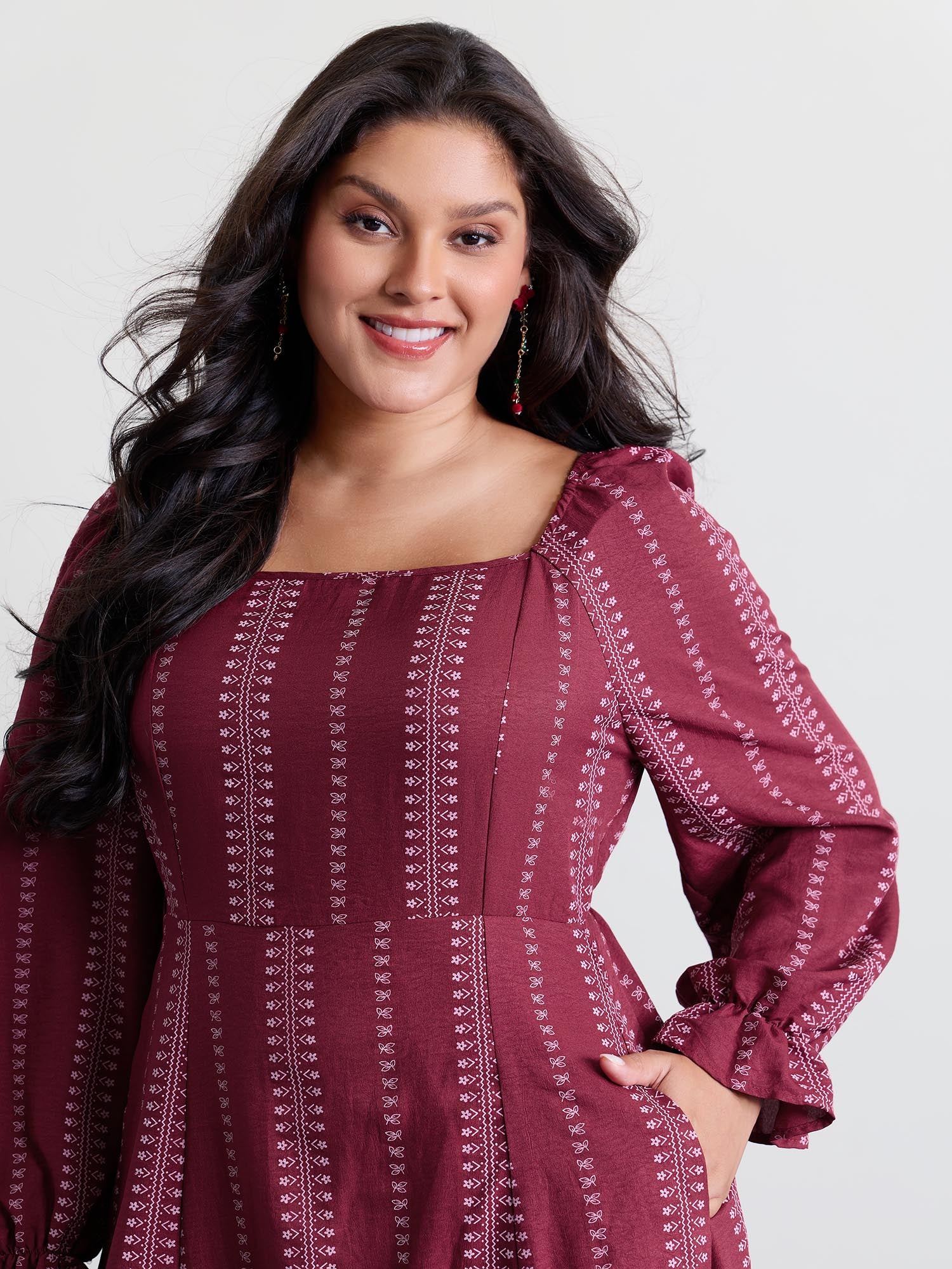 Textured Waist-Defining Square Neck Maxi Dress - Image 2