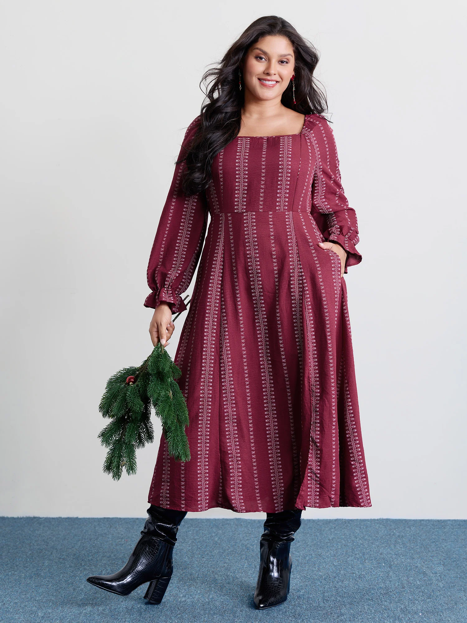 Textured Waist-Defining Square Neck Maxi Dress - Image 3