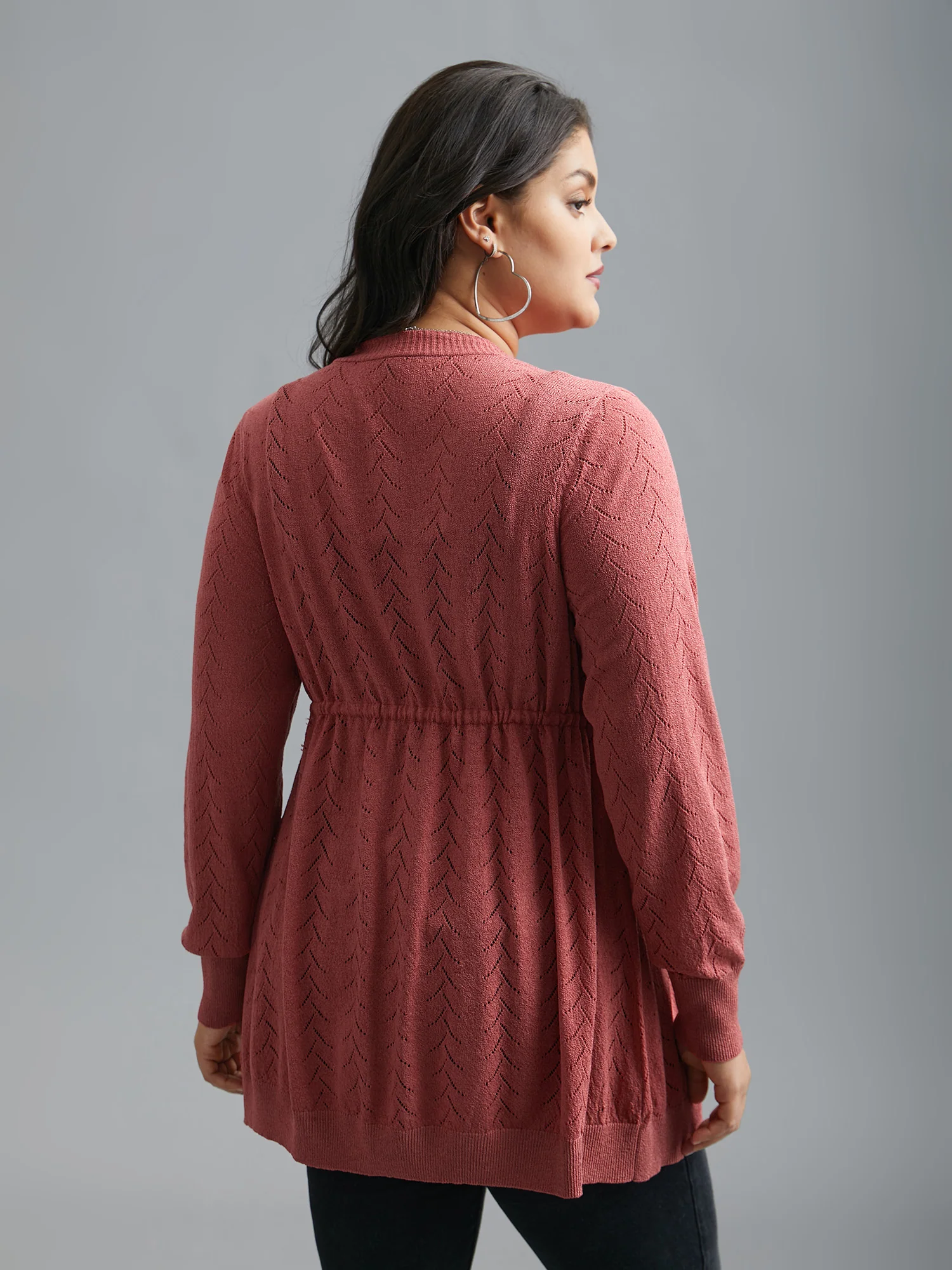 Textured Waist Tie Fitted Knit Cardigan - Image 2
