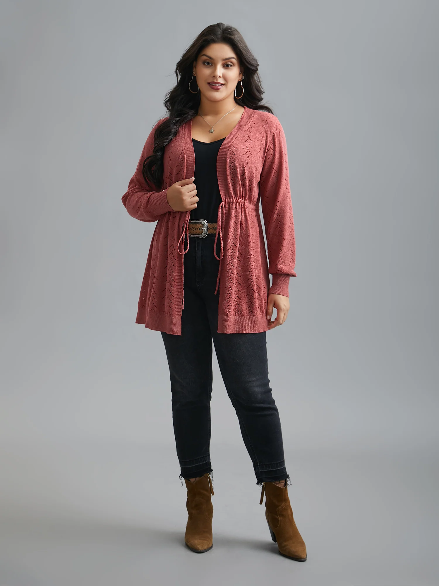 Textured Waist Tie Fitted Knit Cardigan - Image 3