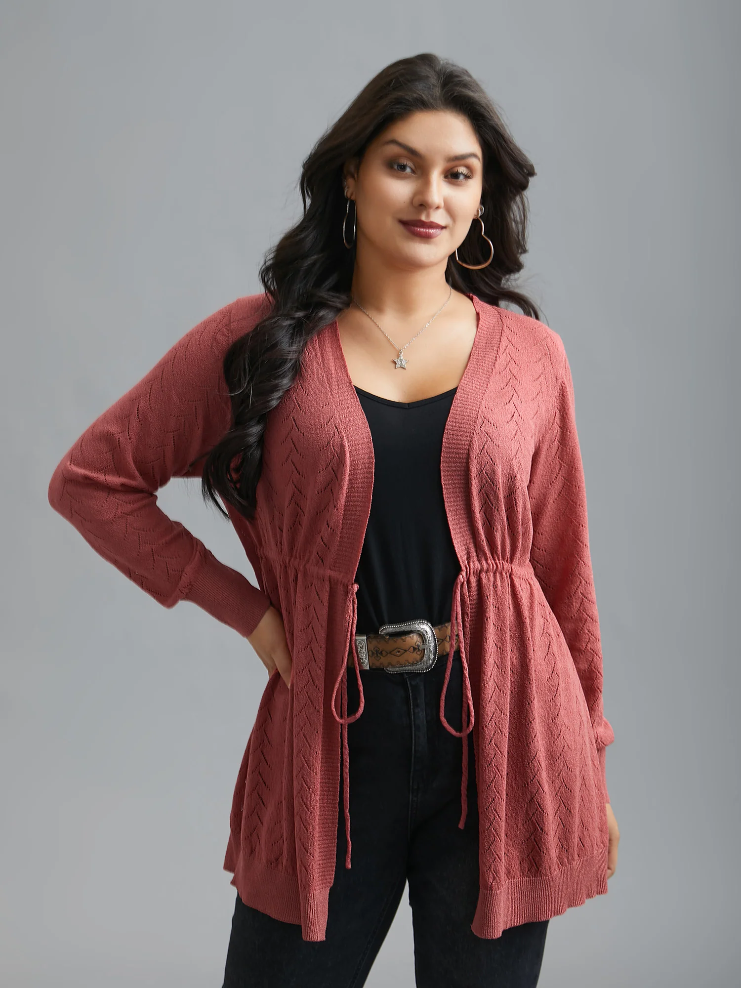 Textured Waist Tie Fitted Knit Cardigan - Image 4