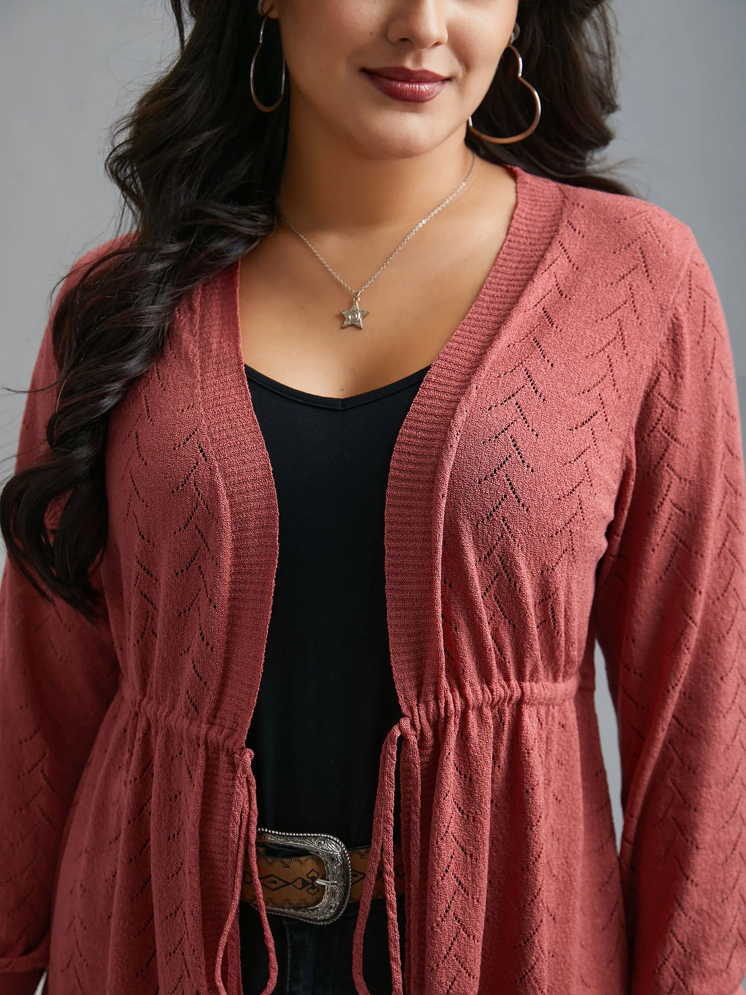Textured Waist Tie Fitted Knit Cardigan - Image 5