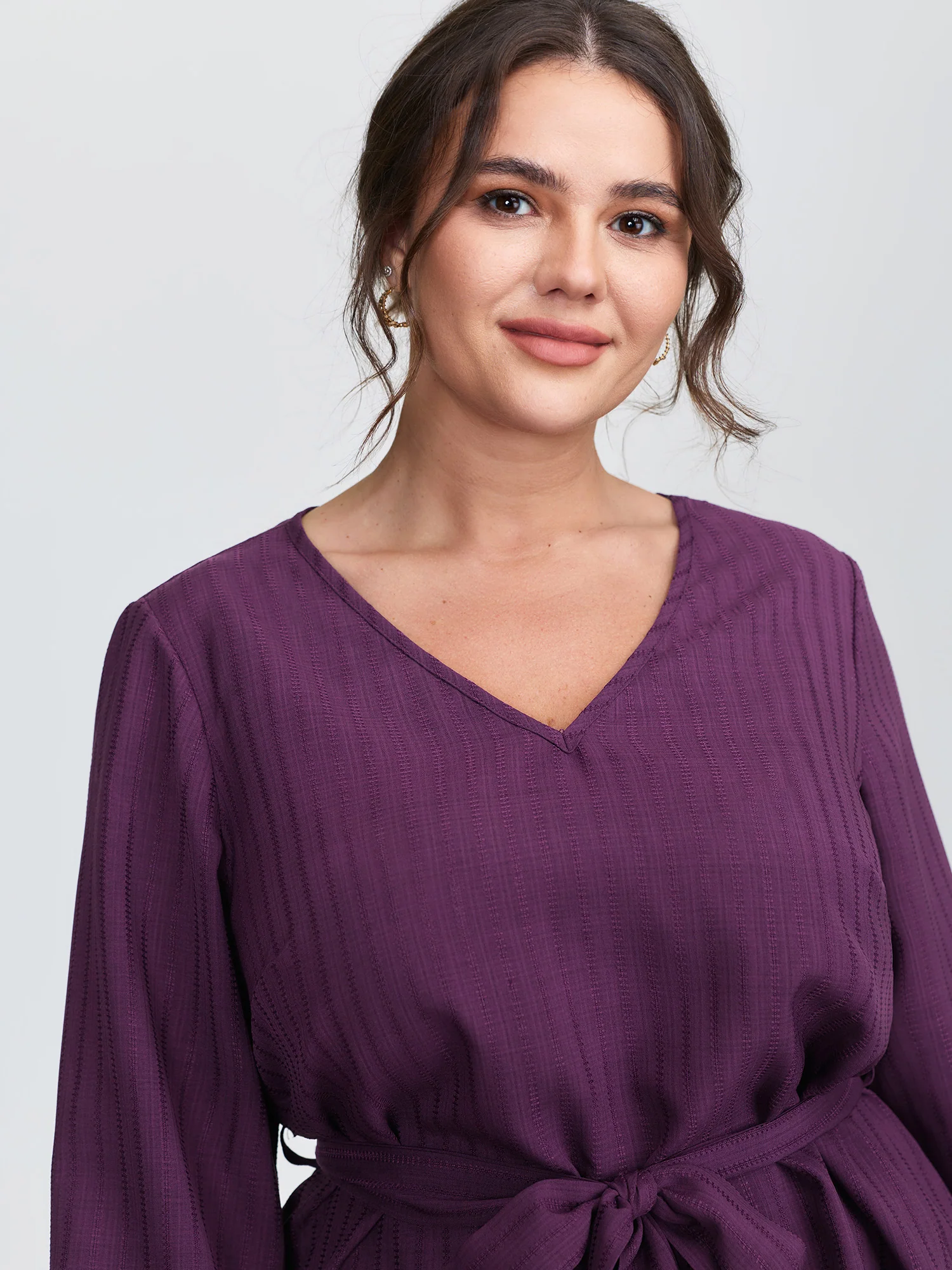 Textured Waist-Tie V-Neck Blouse - Image 2