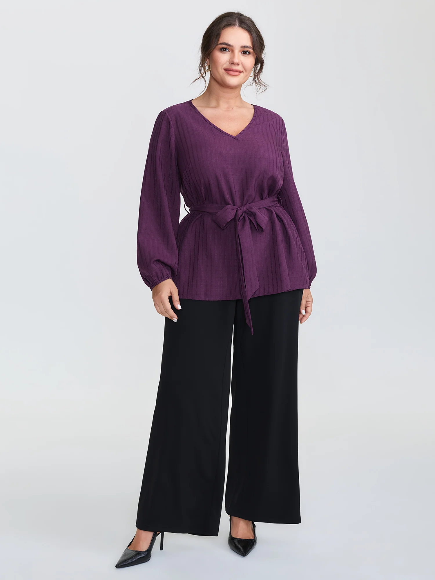 Textured Waist-Tie V-Neck Blouse - Image 3