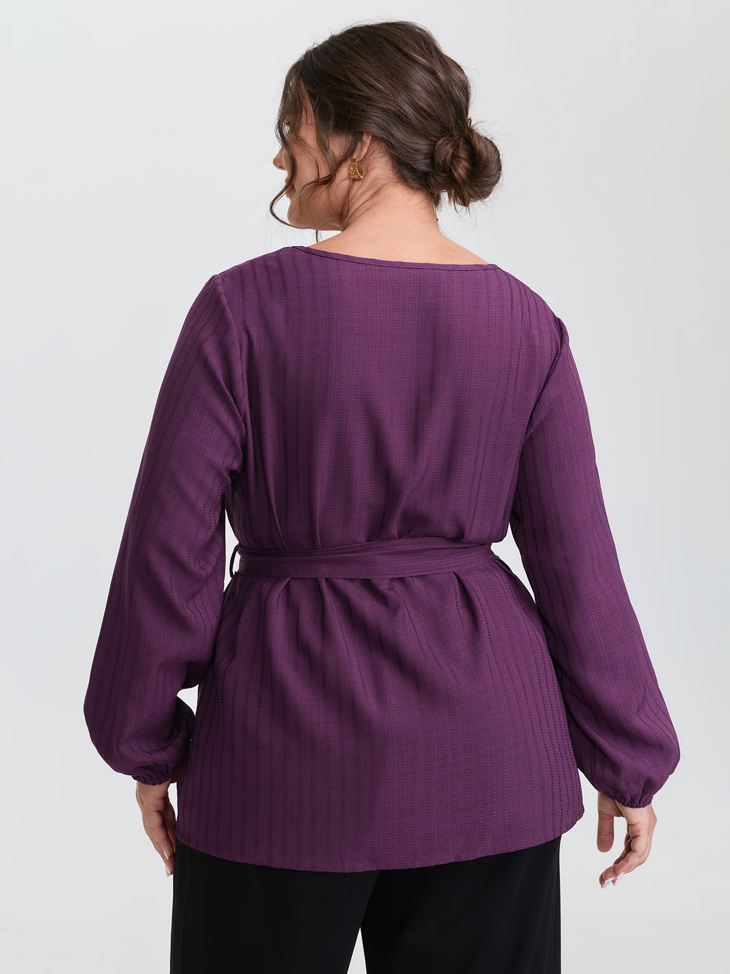 Textured Waist-Tie V-Neck Blouse - Image 4