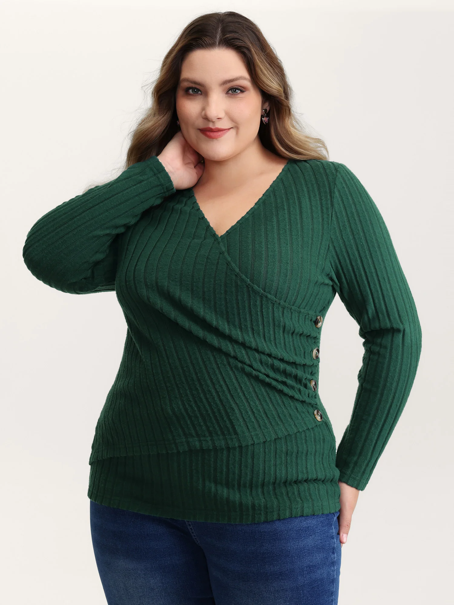 Textured Wrap Button Detail Knit Top
