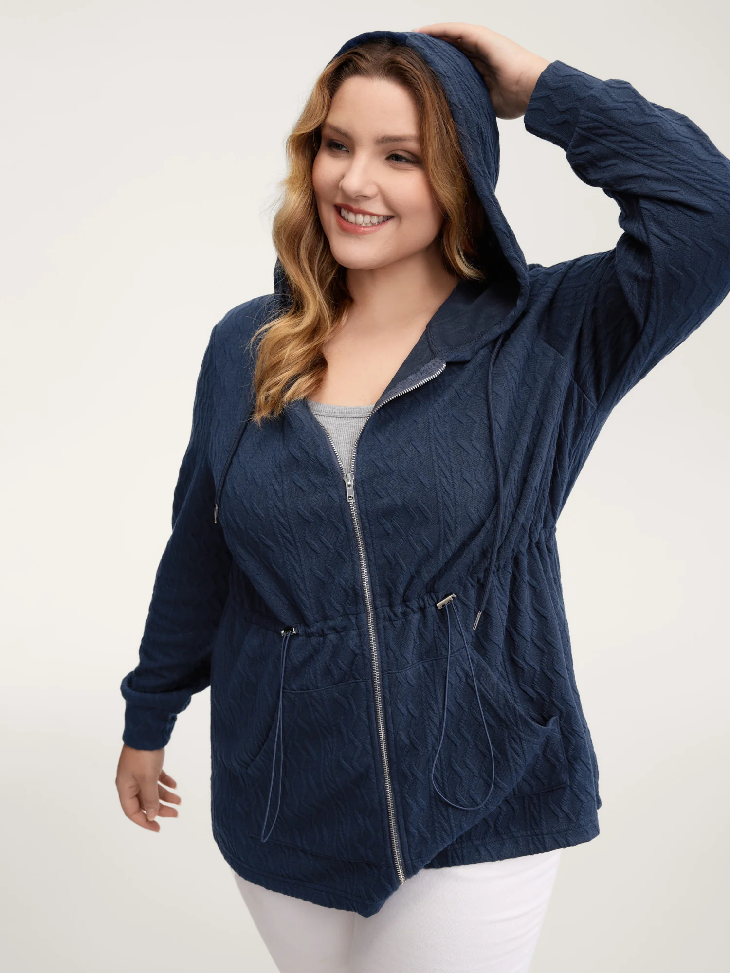 Textured Zipper Drawstring Hooded Jacket - Image 2
