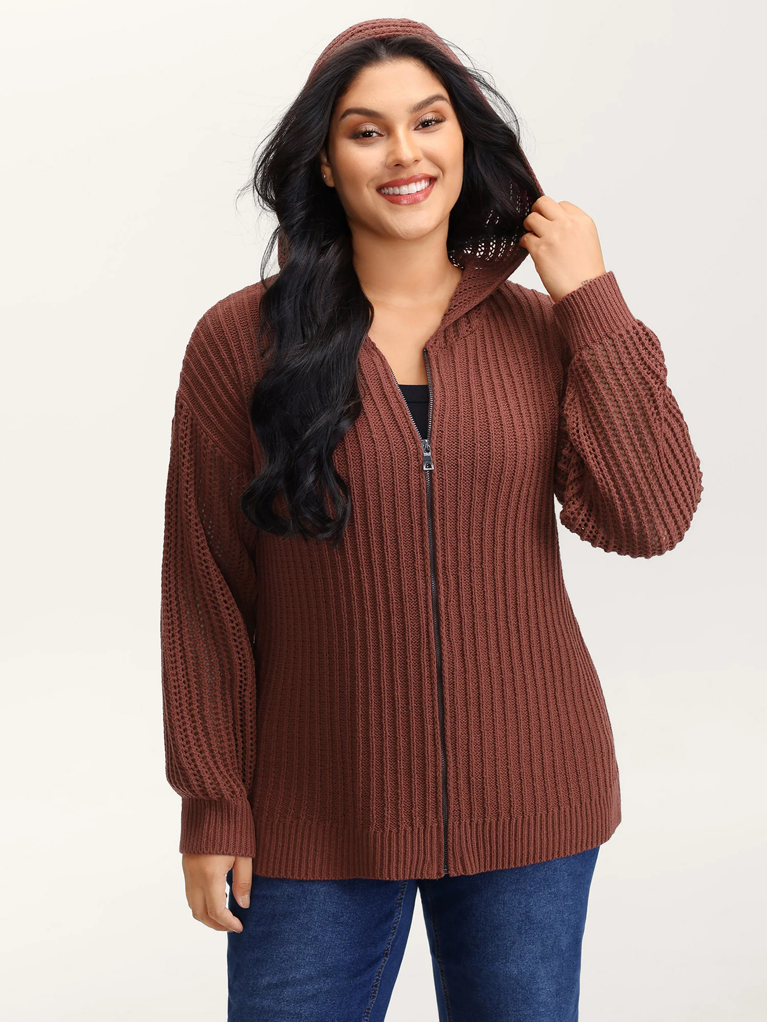 Textured Zipper Front Hooded Knit Cardigan - Image 2