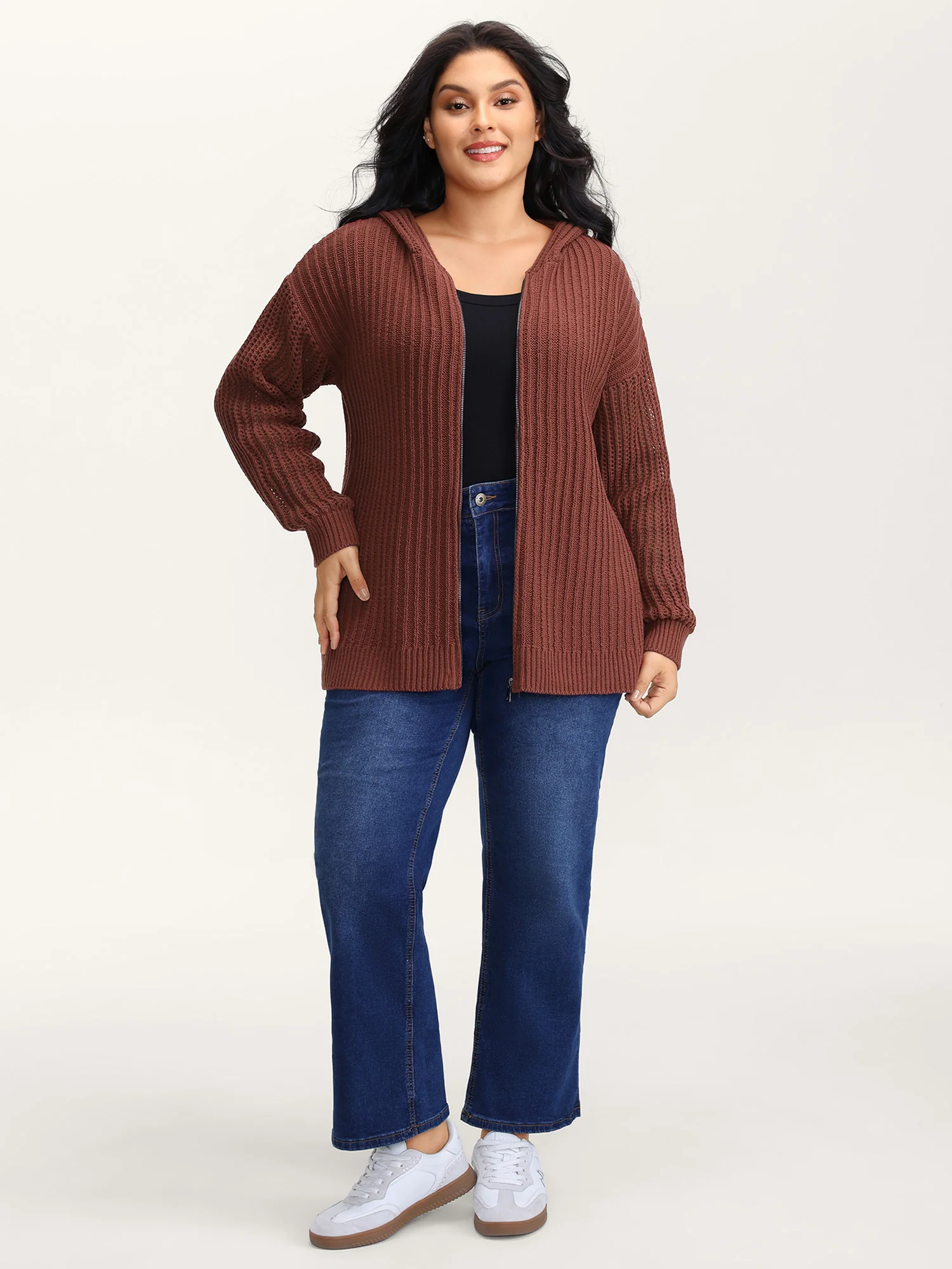 Textured Zipper Front Hooded Knit Cardigan - Image 3