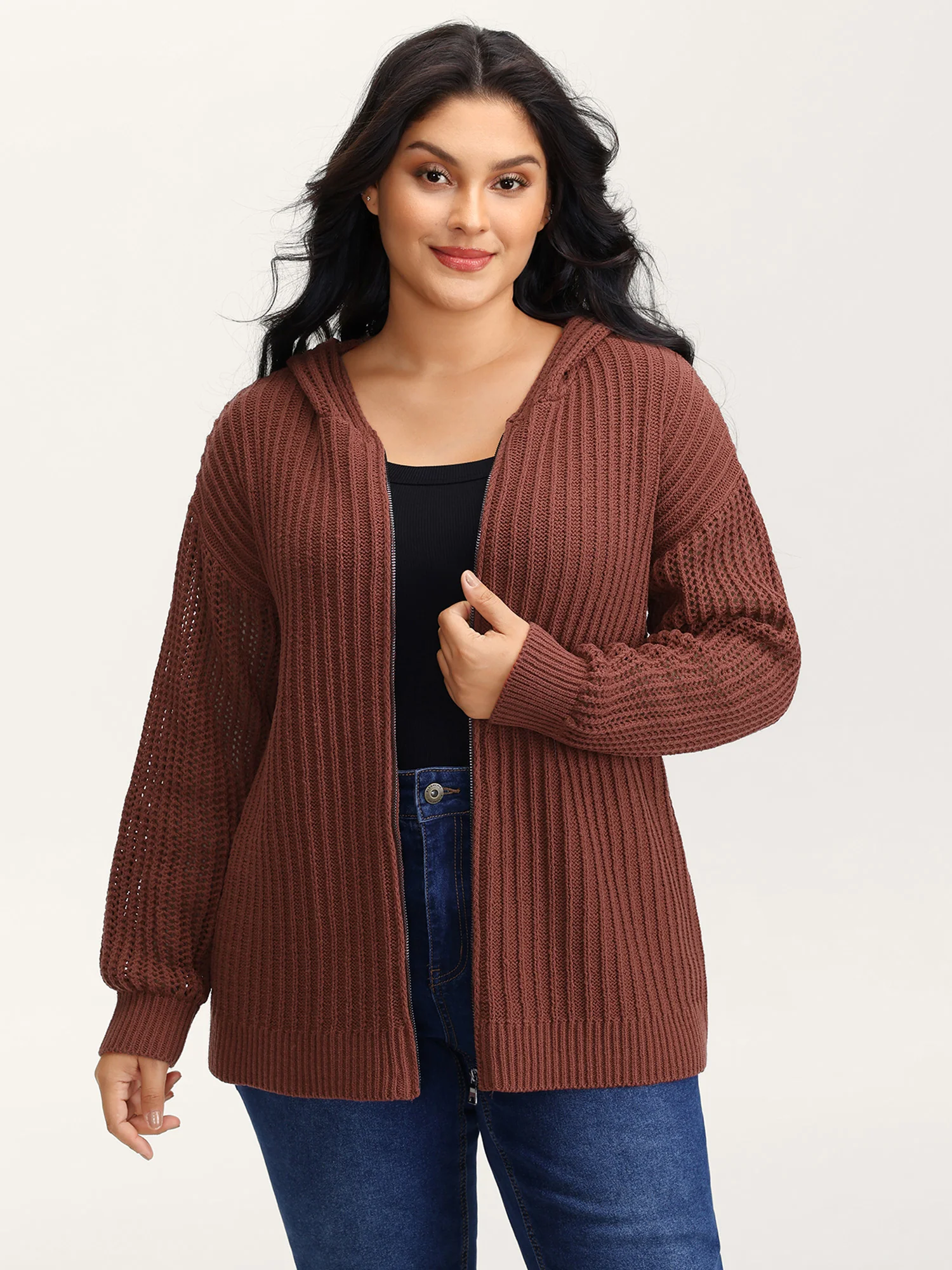 Textured Zipper Front Hooded Knit Cardigan - Image 4