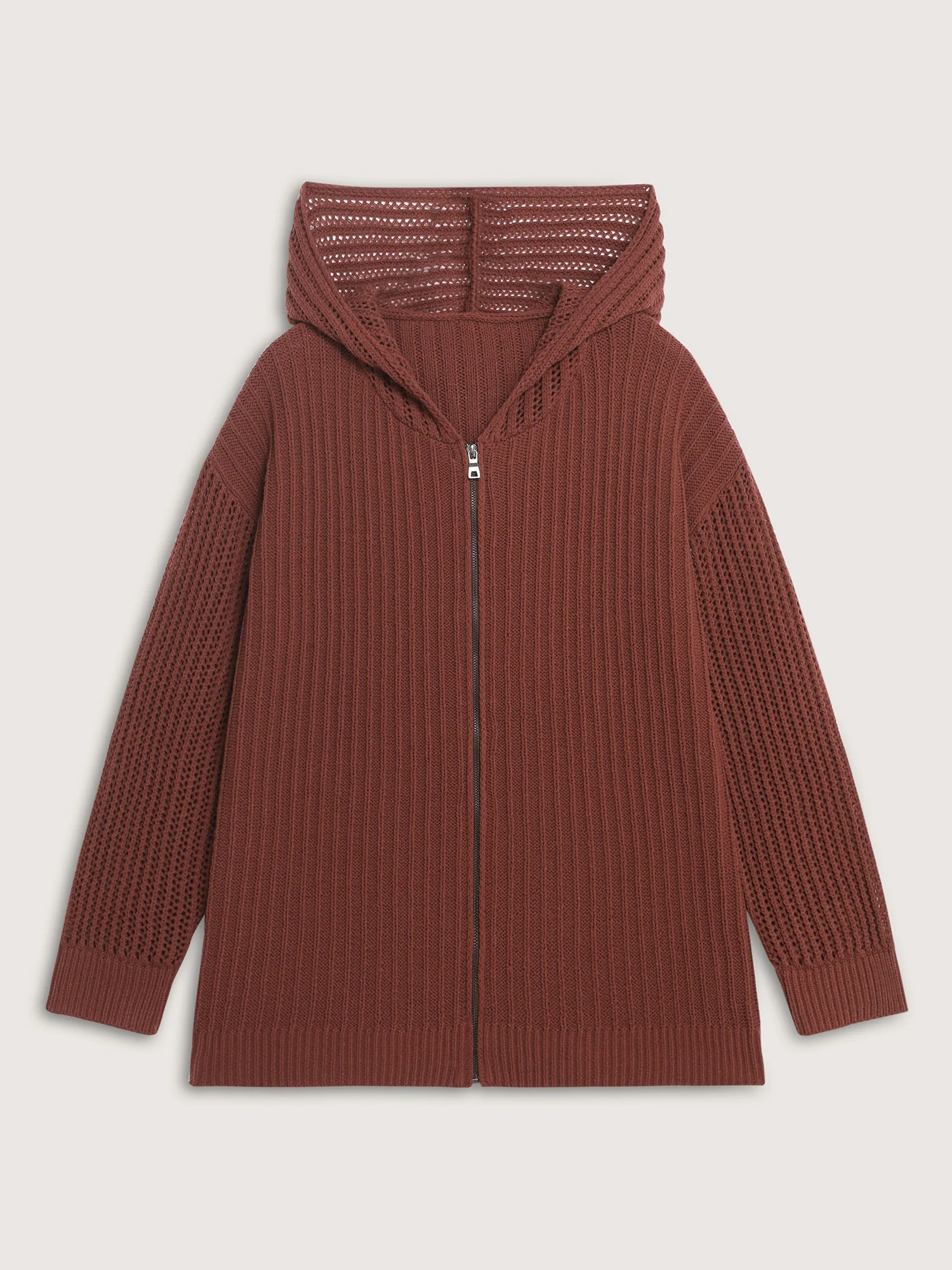 Textured Zipper Front Hooded Knit Cardigan - Image 7