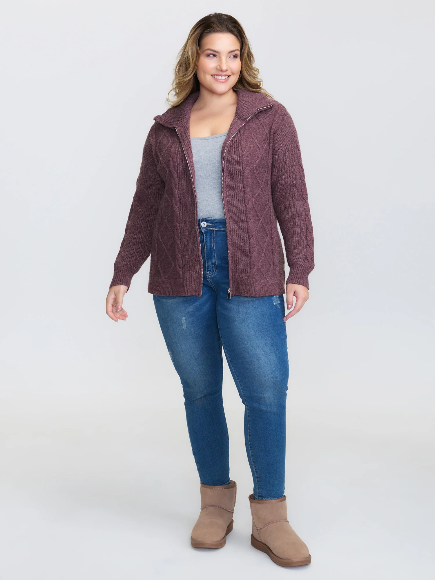Textured Zipper Solid Knit Cardigan - Image 3