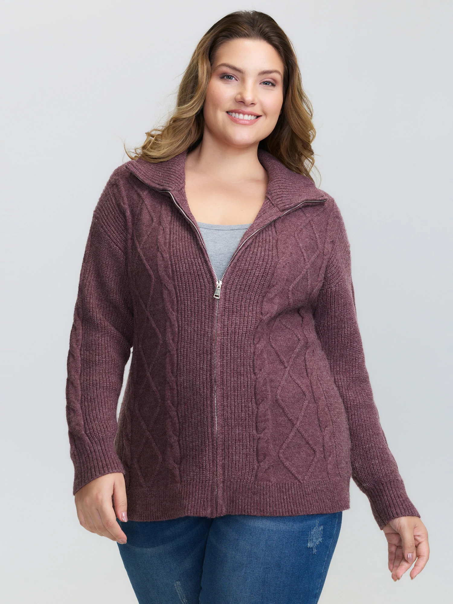 Textured Zipper Solid Knit Cardigan - Image 4