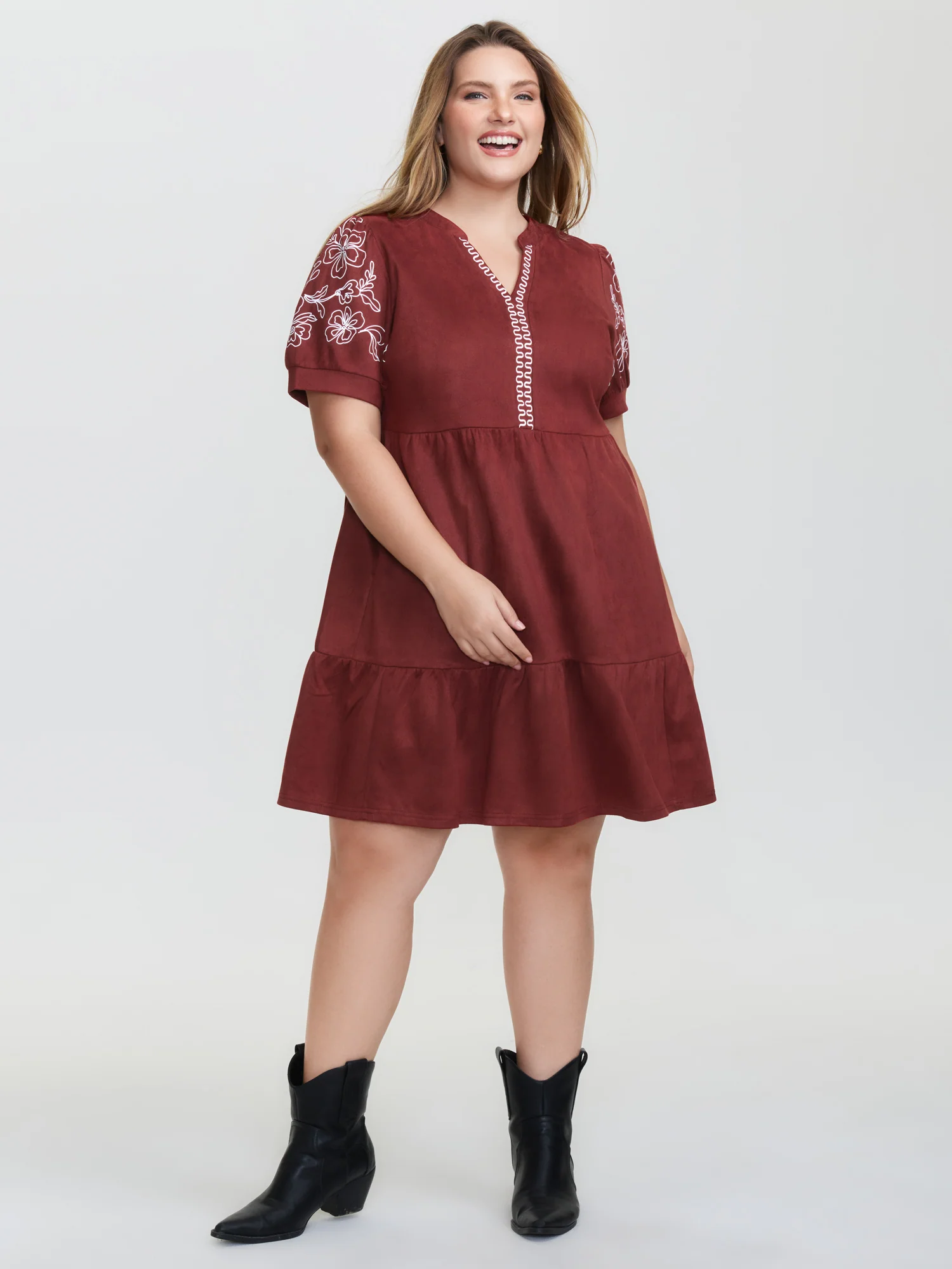 Thread Embroidery Tiered Pockets Mini Dress - Image 3