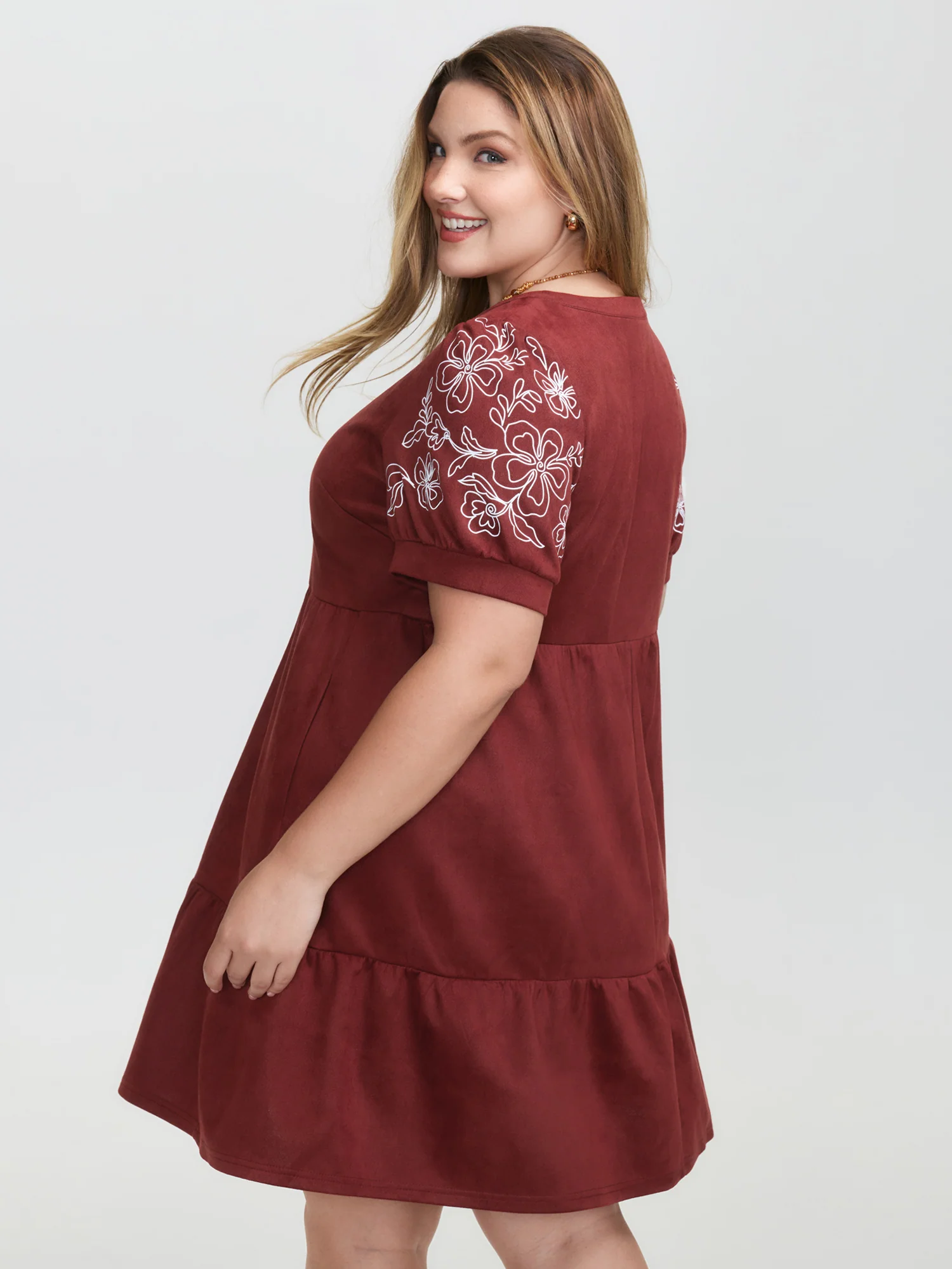 Thread Embroidery Tiered Pockets Mini Dress - Image 4