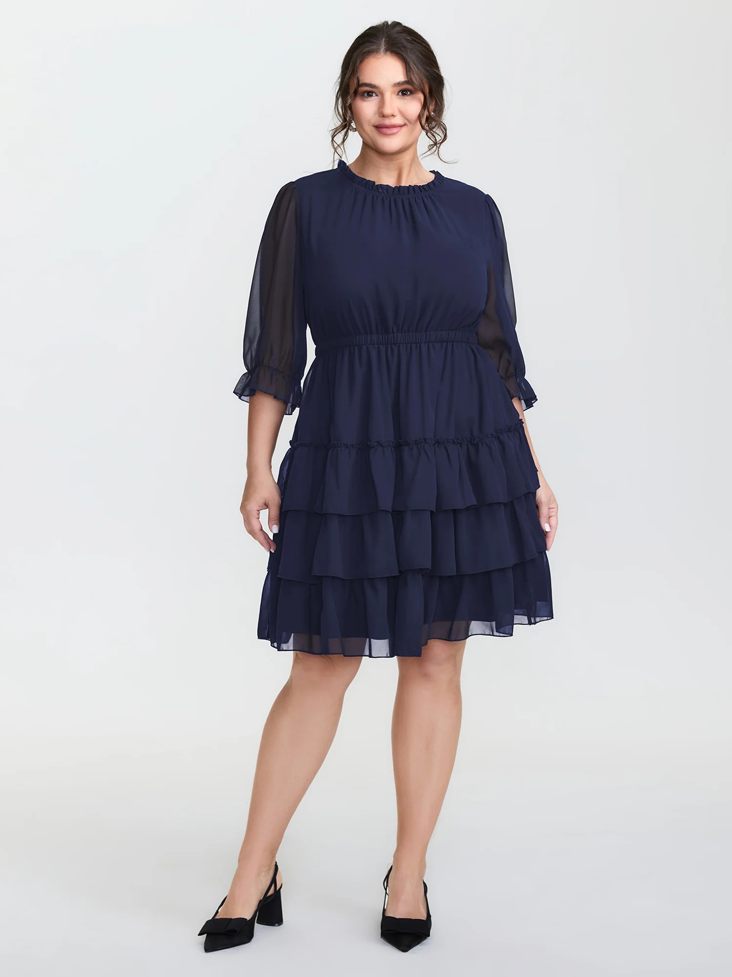 Three-Quarter Sleeve Tulle Skirt Knee-Length Dress - Image 10