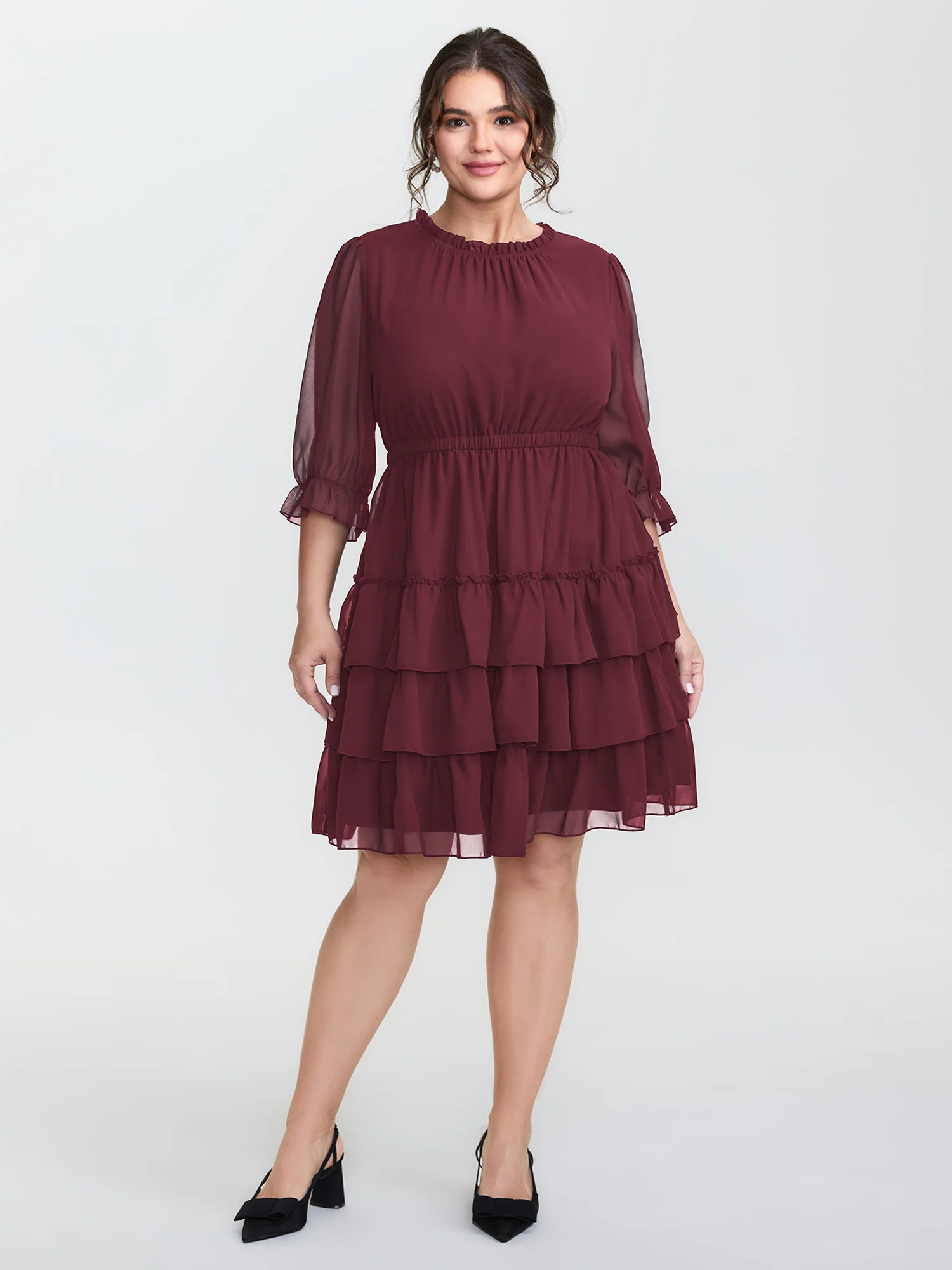 Three-Quarter Sleeve Tulle Skirt Knee-Length Dress - Image 14