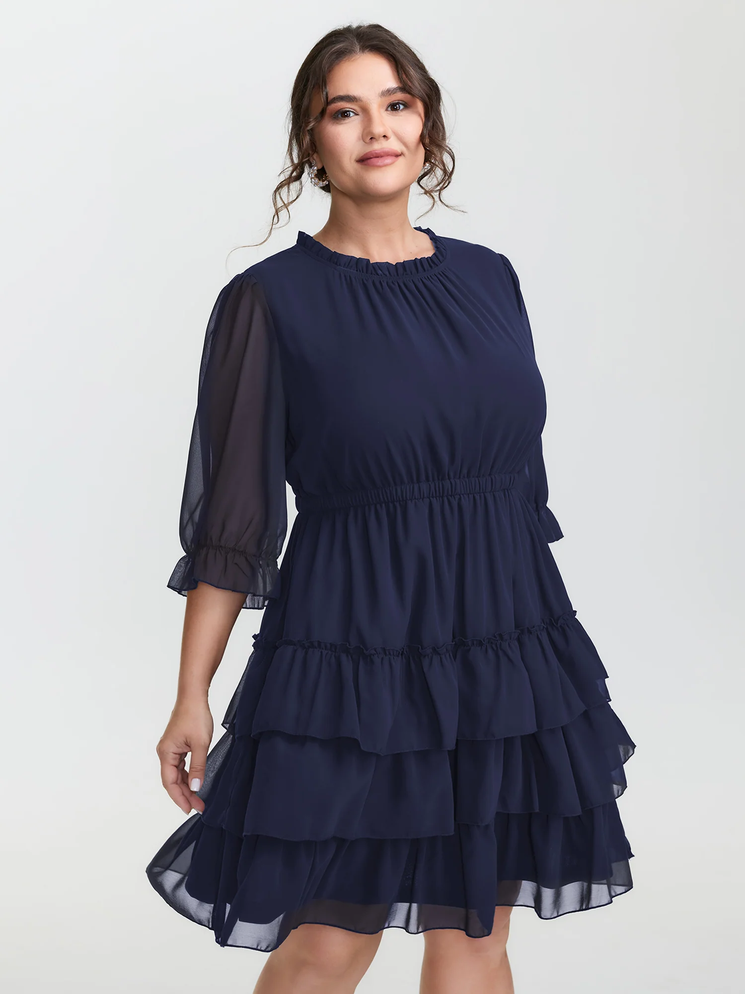 Three-Quarter Sleeve Tulle Skirt Knee-Length Dress - Image 8