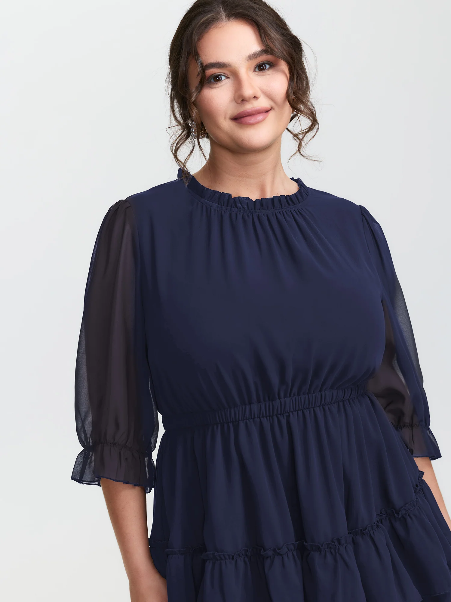 Three-Quarter Sleeve Tulle Skirt Knee-Length Dress - Image 9