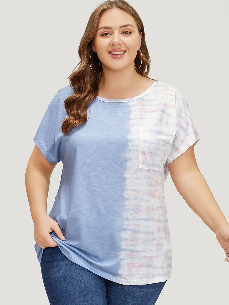 Tie Dye Batwing Sleeve Cut Out Two Tone T-shirt - Image 2