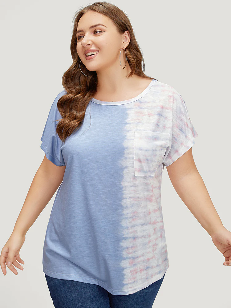 Tie Dye Batwing Sleeve Cut Out Two Tone T-shirt - Image 3