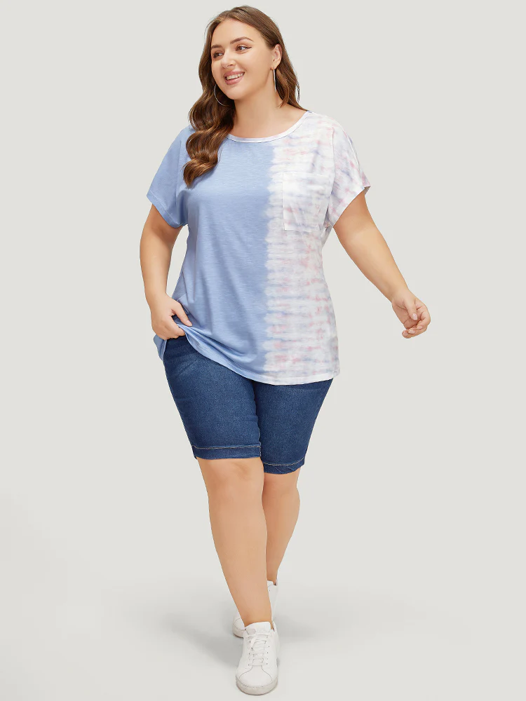Tie Dye Batwing Sleeve Cut Out Two Tone T-shirt - Image 4