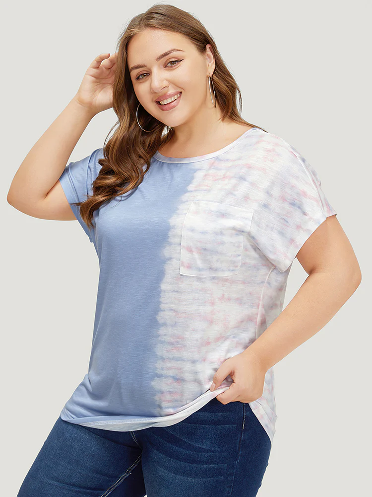 Tie Dye Batwing Sleeve Cut Out Two Tone T-shirt - Image 5