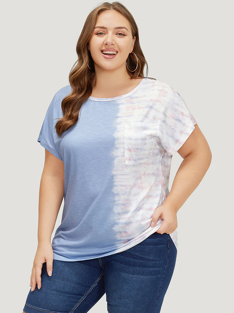 Tie Dye Batwing Sleeve Cut Out Two Tone T-shirt - Image 6