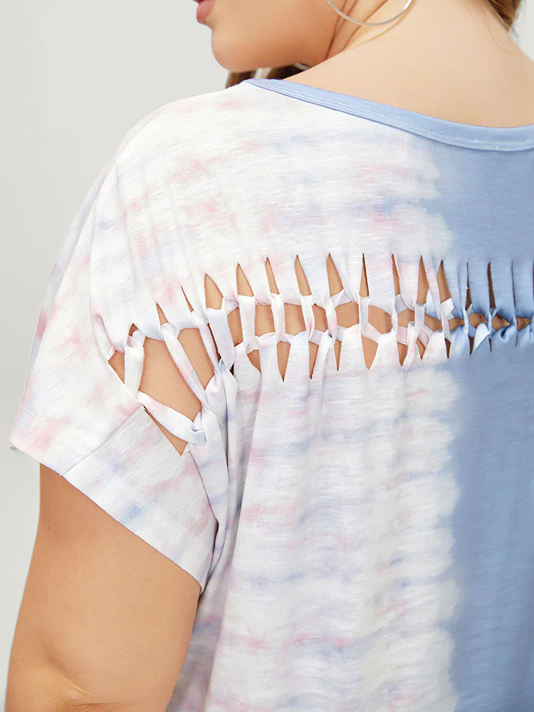 Tie Dye Batwing Sleeve Cut Out Two Tone T-shirt - Image 7