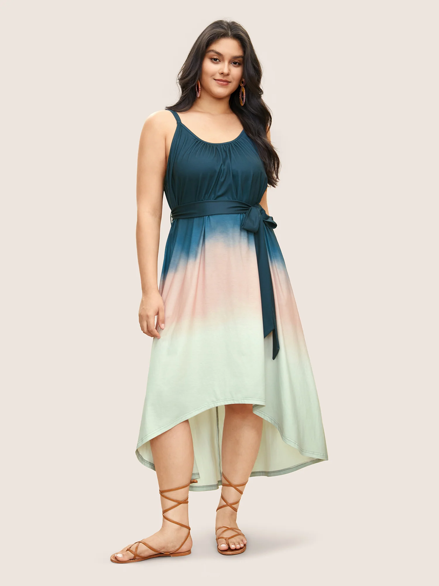 Tie Dye Belted Gathered Asymmetrical Hem Dress - Image 3