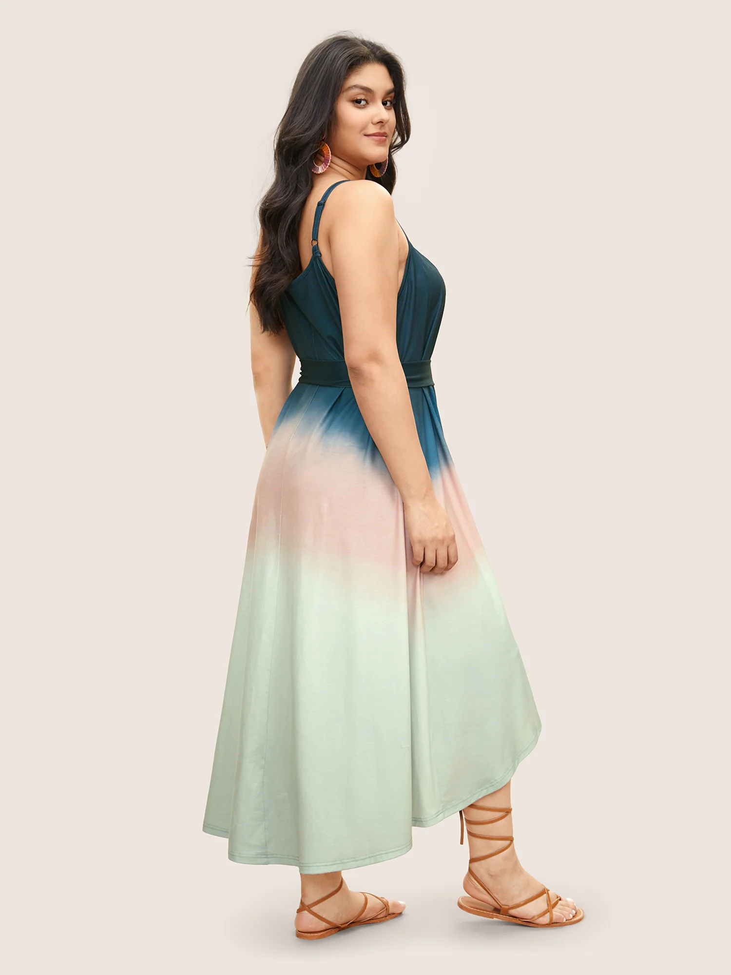 Tie Dye Belted Gathered Asymmetrical Hem Dress - Image 4