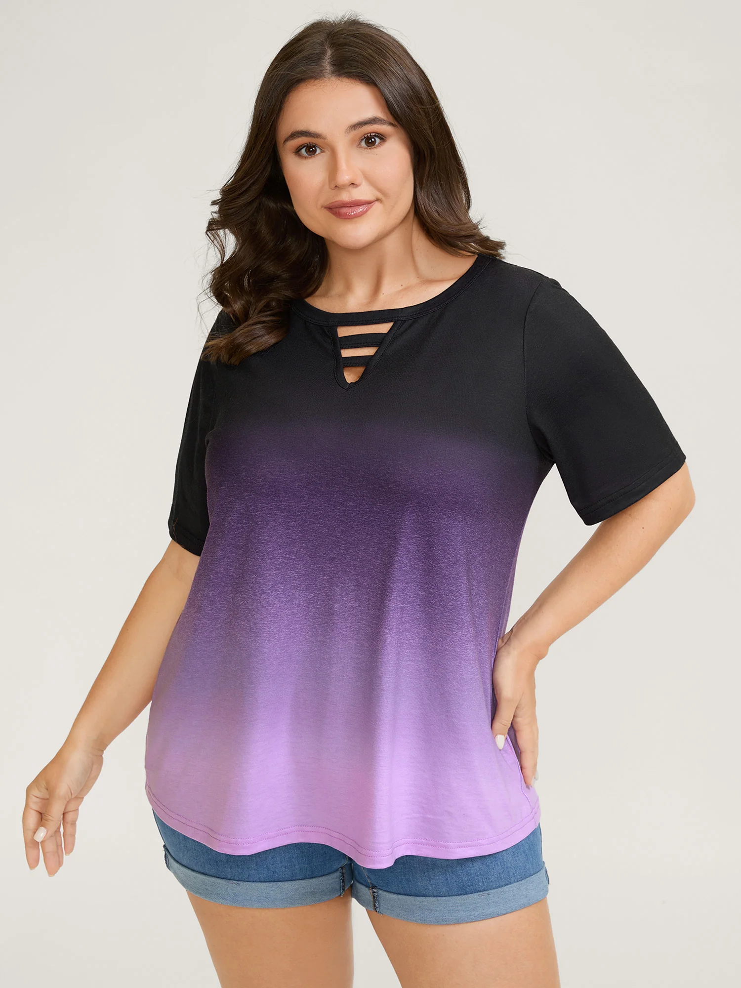 Tie-Dye Blend Neck Cut-Out T-Shirt - Image 2